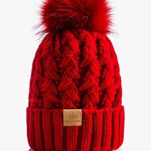 NWT: Page One Red Knit Pom-Pom Beanie with Sherpa lining